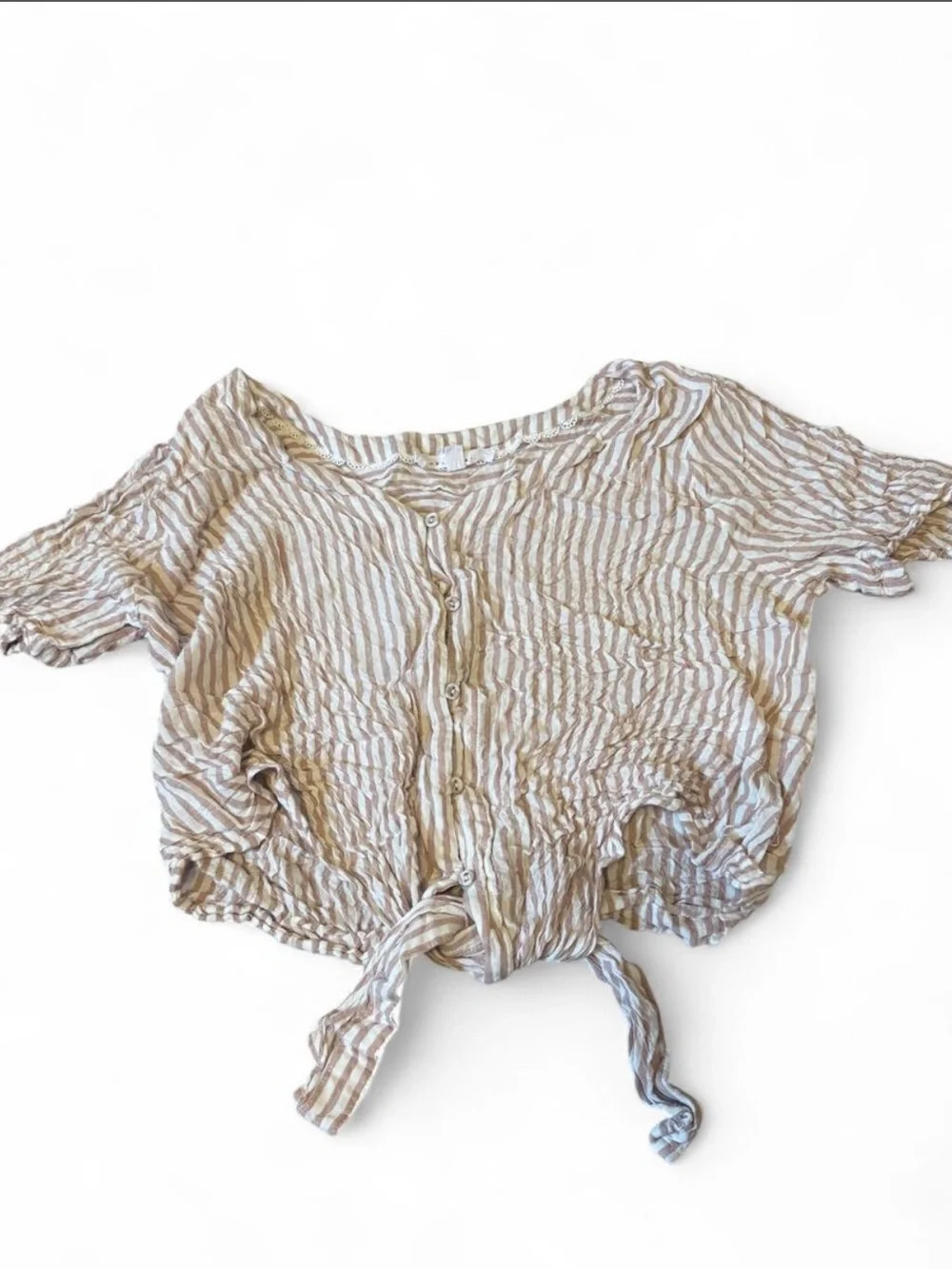 Striped Tie-Front Short Sleeve Top in Beige and White
